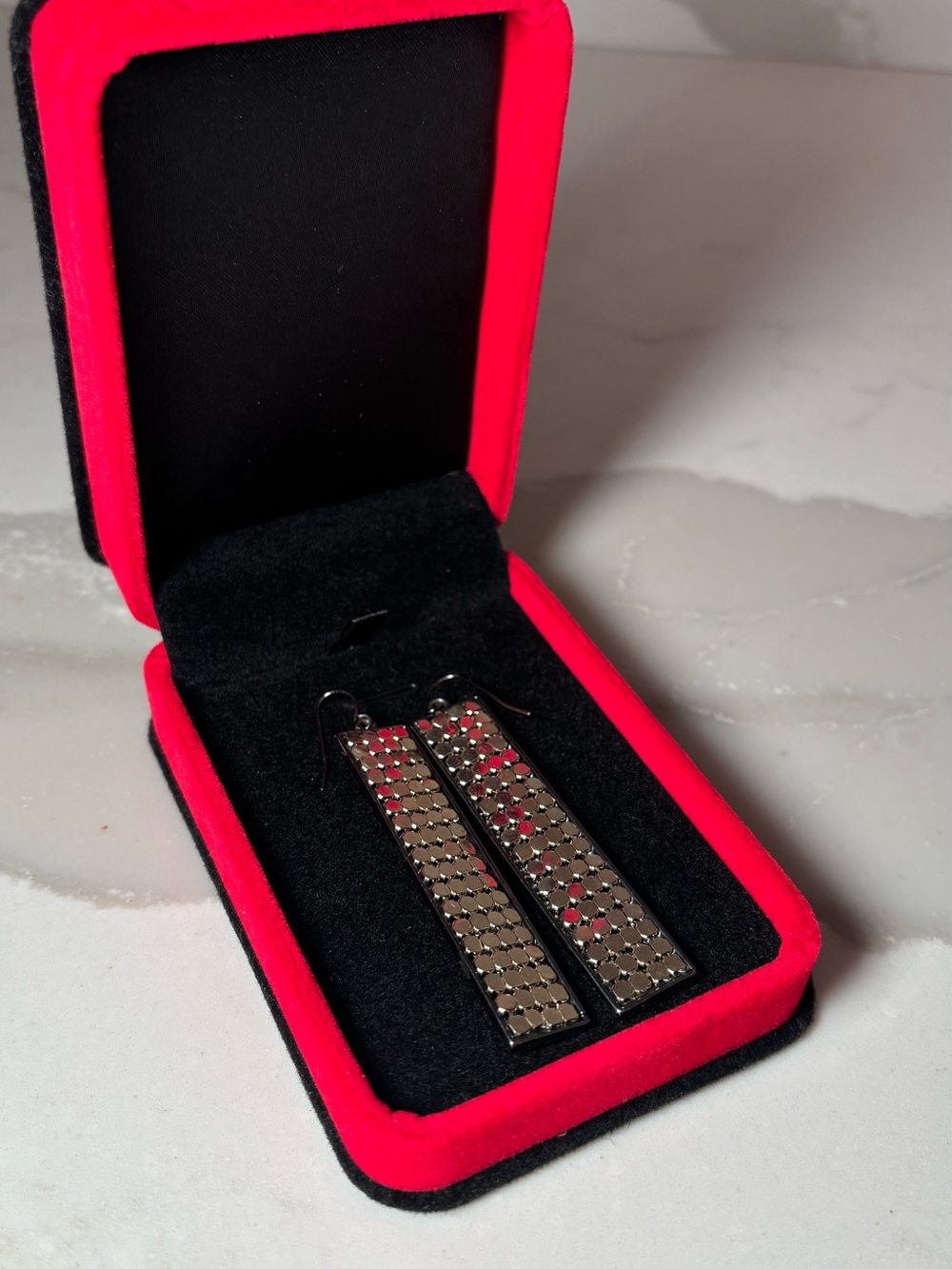 Women’s Black and Silver Rectangular Drop Earrings - Picture 4 of 4